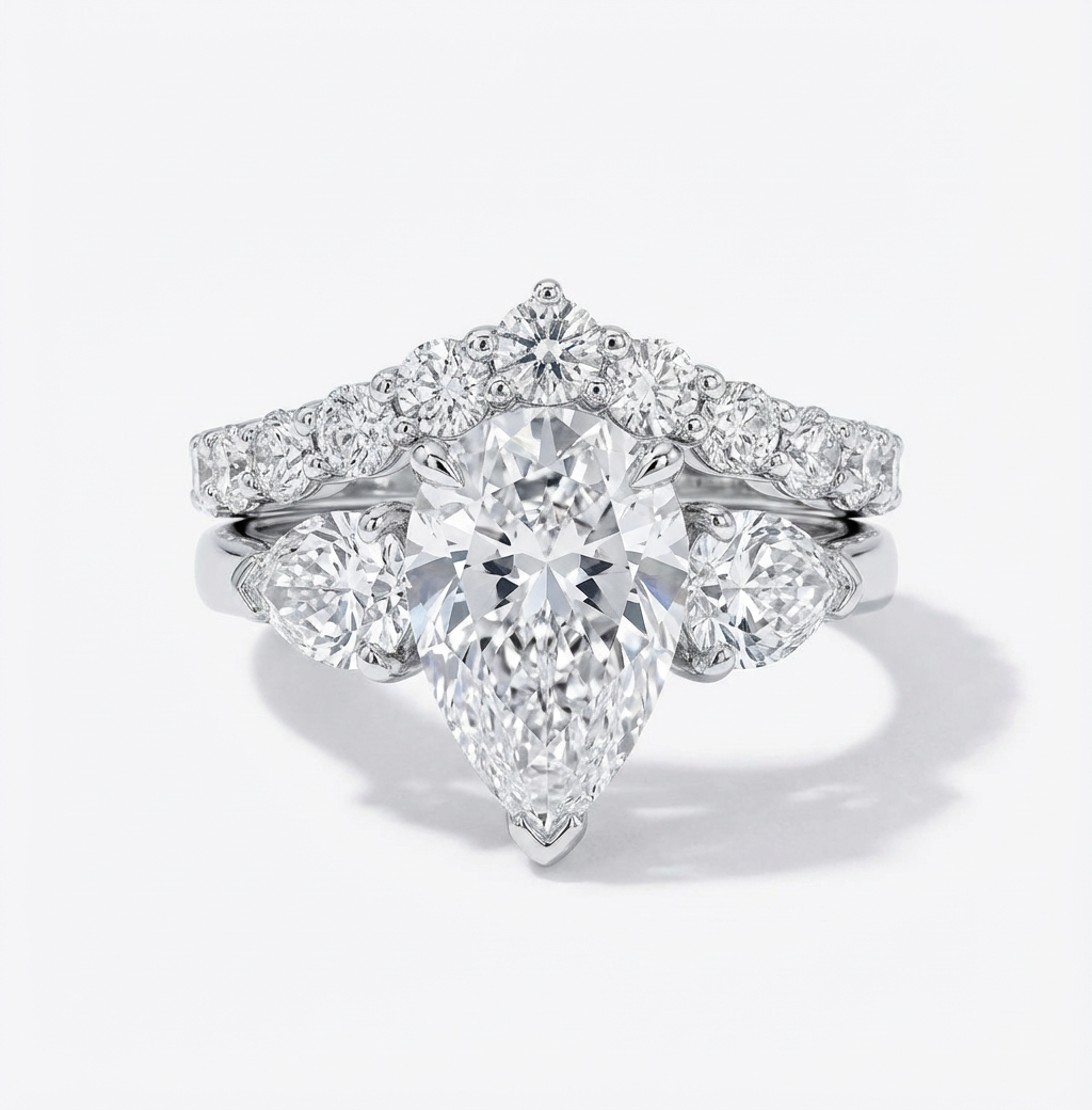 Pear Cut Diamond Engagement Set | 3ct Lab-Grown Diamond & Curved Band ...