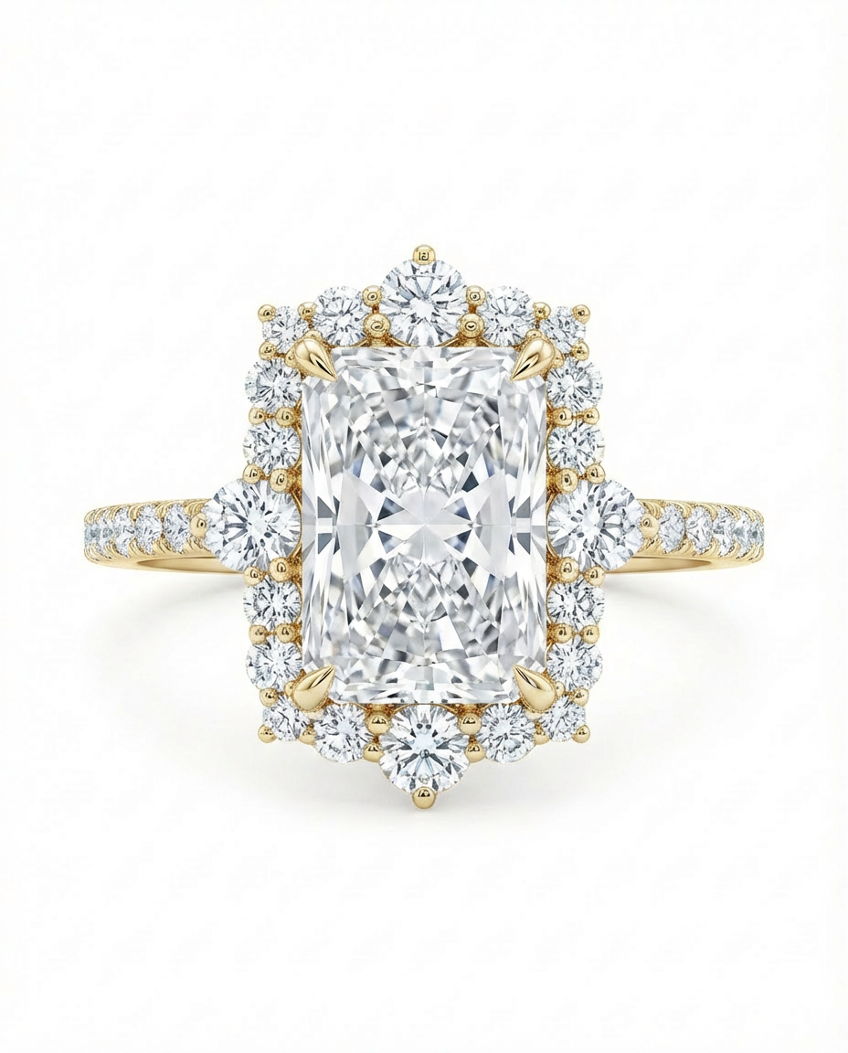 Diamond ring with a large central radiant cut diamond with a diamond halo in yellow gold on a white background