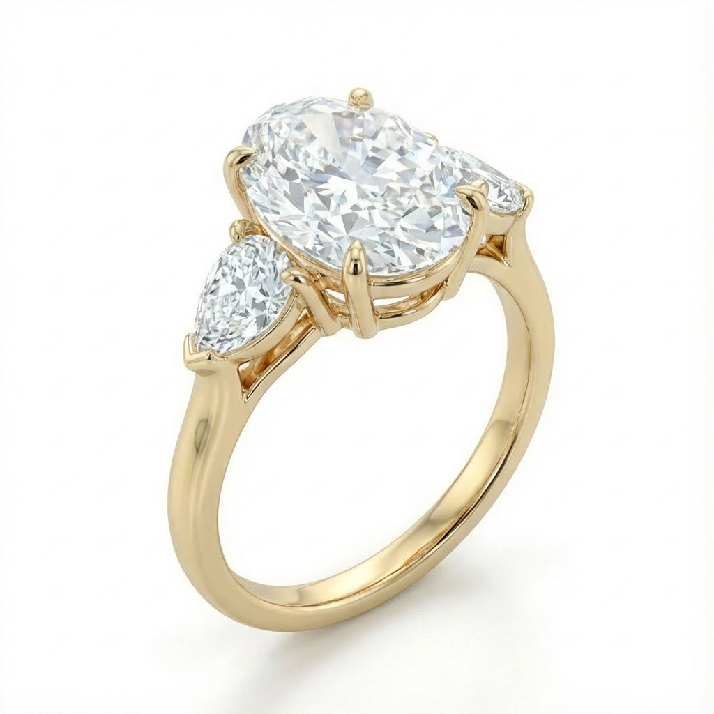 Gold ring with a large central diamond and two smaller diamonds on a white background