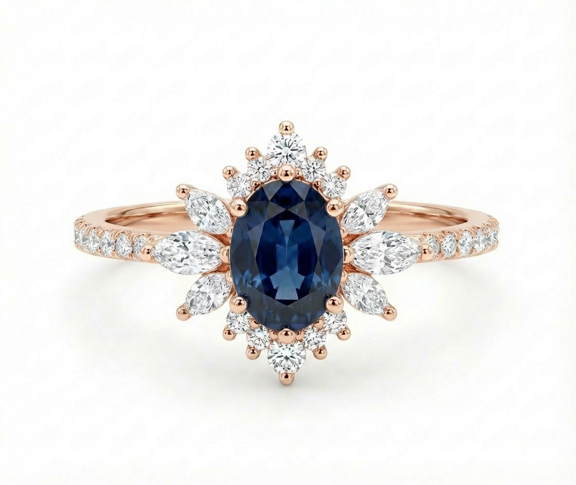 Rose gold ring with a blue gemstone and diamond accents on a white background