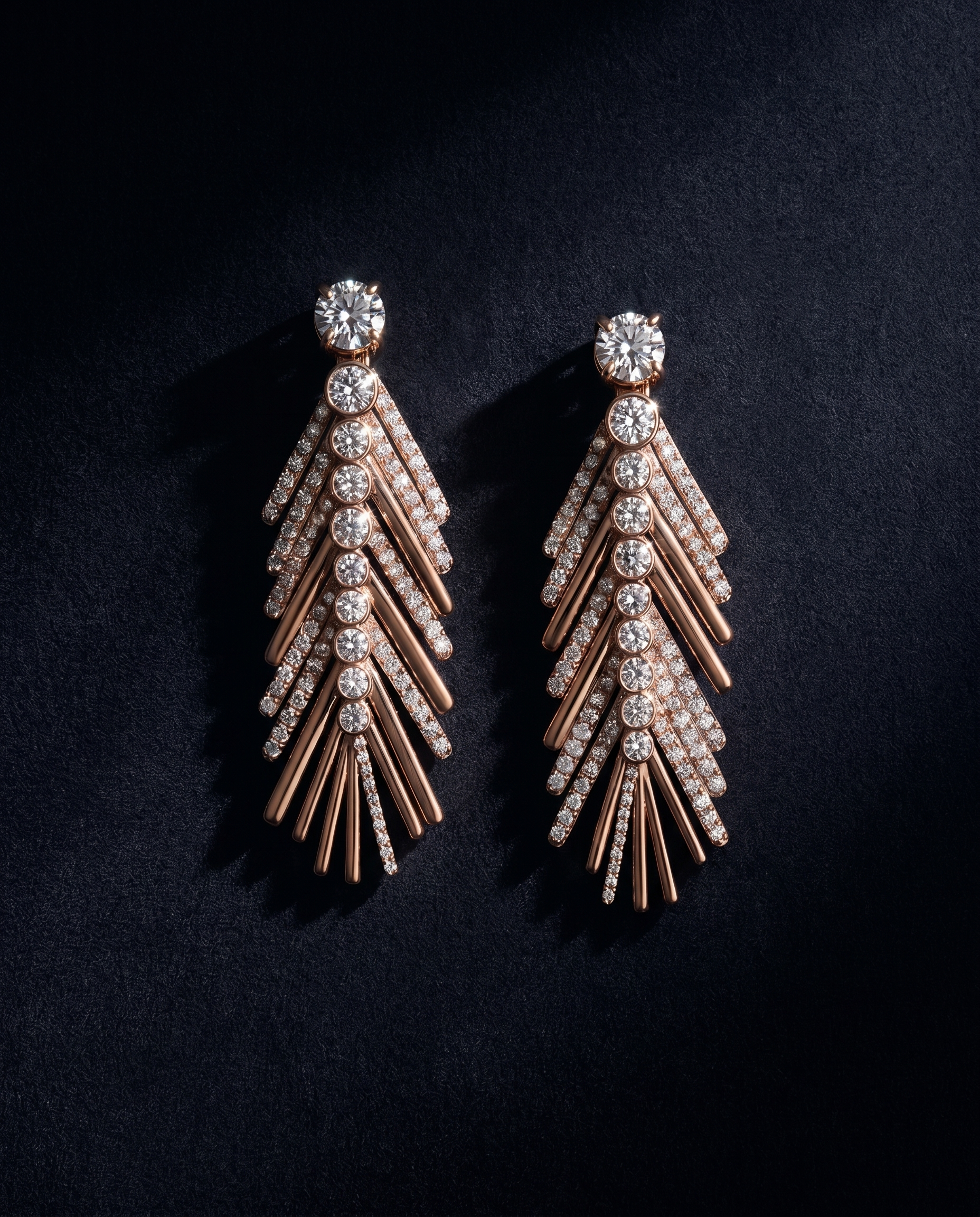 Pair of rose gold and crystal earrings on a dark background