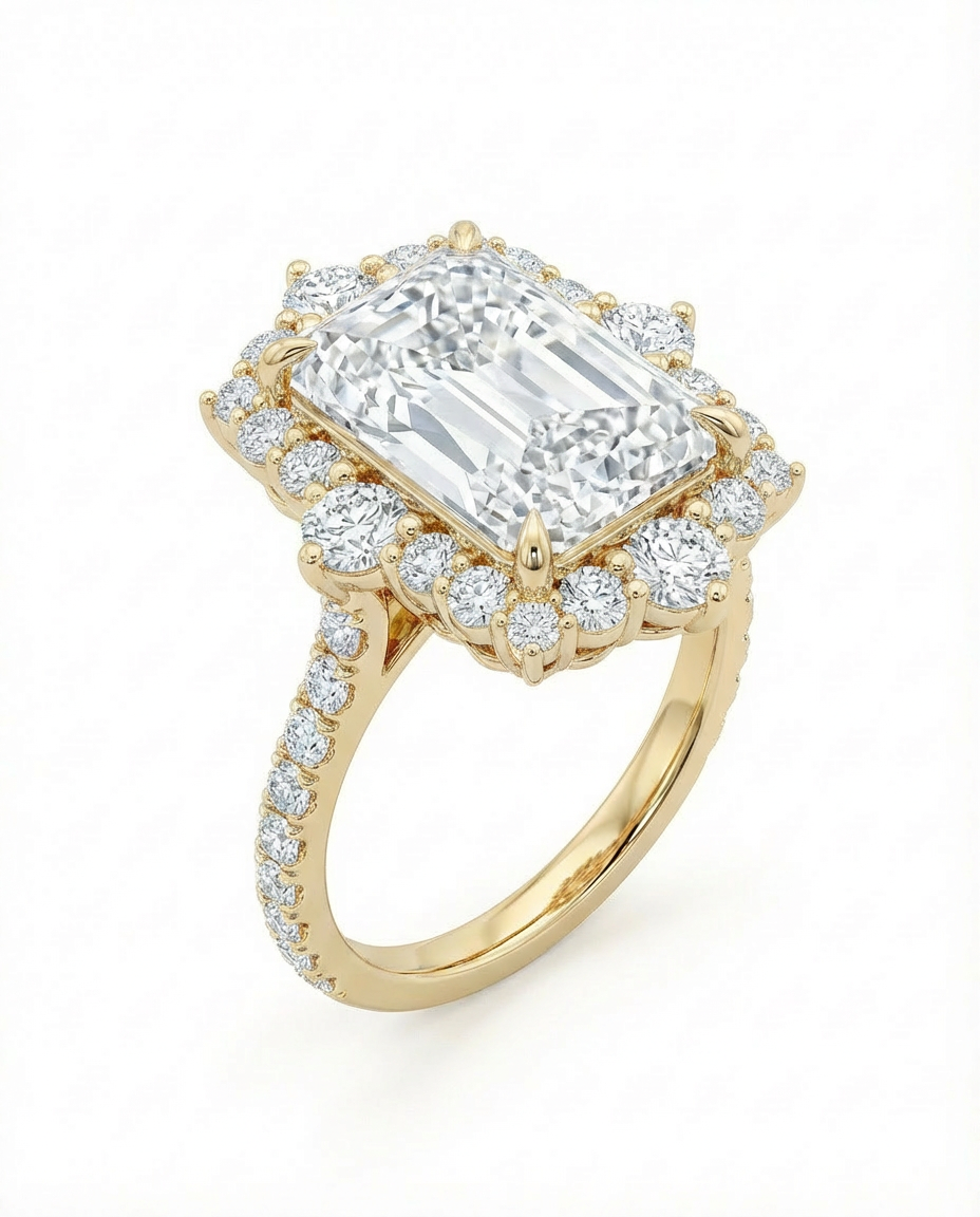 Diamond ring with a large central radiant cut diamond with a diamond halo in yellow gold on a white background