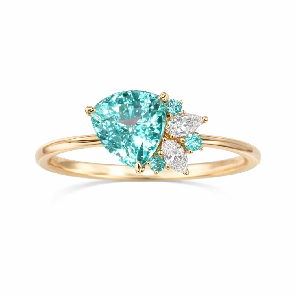 Gold ring with a large blu gemstone and smaller diamonds on a white background green 