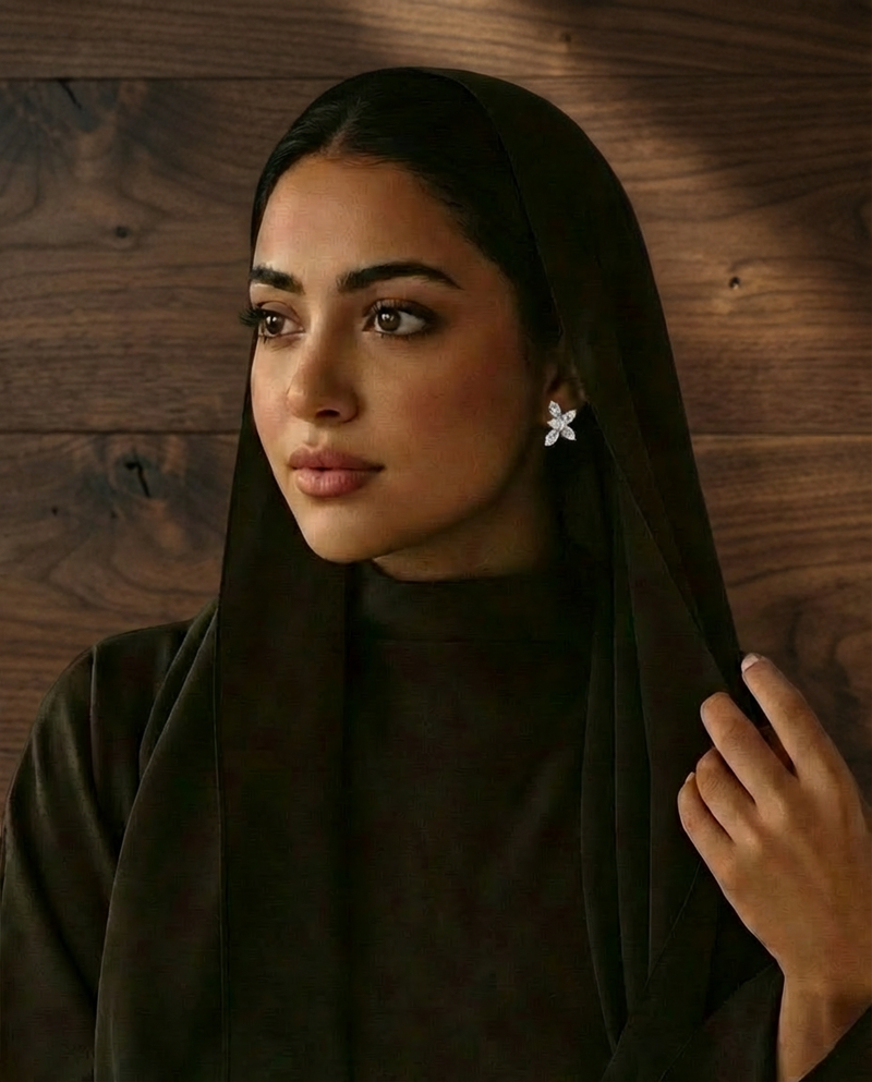Woman wearing a sparkly, floral diamond earrings  a dark hijab against a wooden background