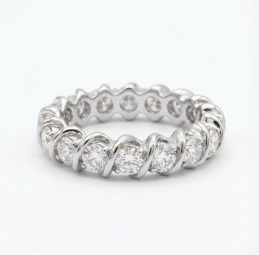 white gold full eternity diamond wedding band on a white background