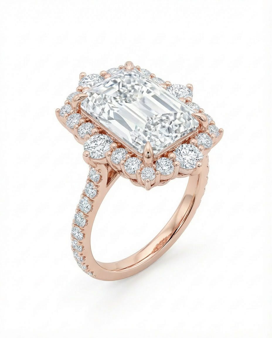 yellow gold diamond ring with a large central radiant cut diamond with a diamond halo 